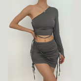 Long Sleeve Solid Drawstring Ruched One Shoulder Crop Top Skirt Set